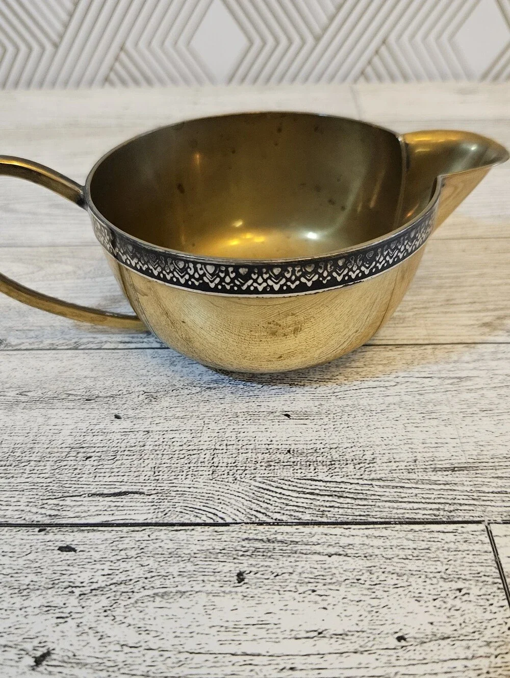 Vintage Creamer & Sugar Bowl 2 Pieces Gold Tone With Decorative Black Border